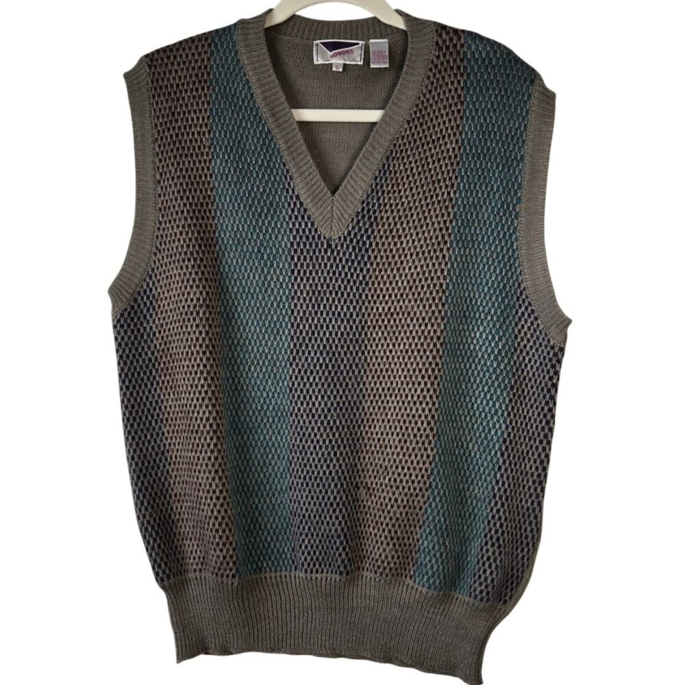 Vintage Earthy GrandpaCore Striped V‑Neck Sweater Vest Wool‑Blend Size Large